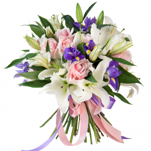 Сборный букет лилии, розы и ирисы с лентами R727